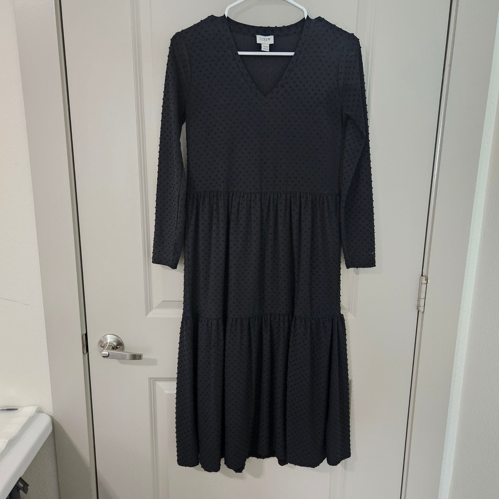 J.Crew Women Black Swiss Dot Tiered Midi Dress Long Sleeve V-Neck XXS